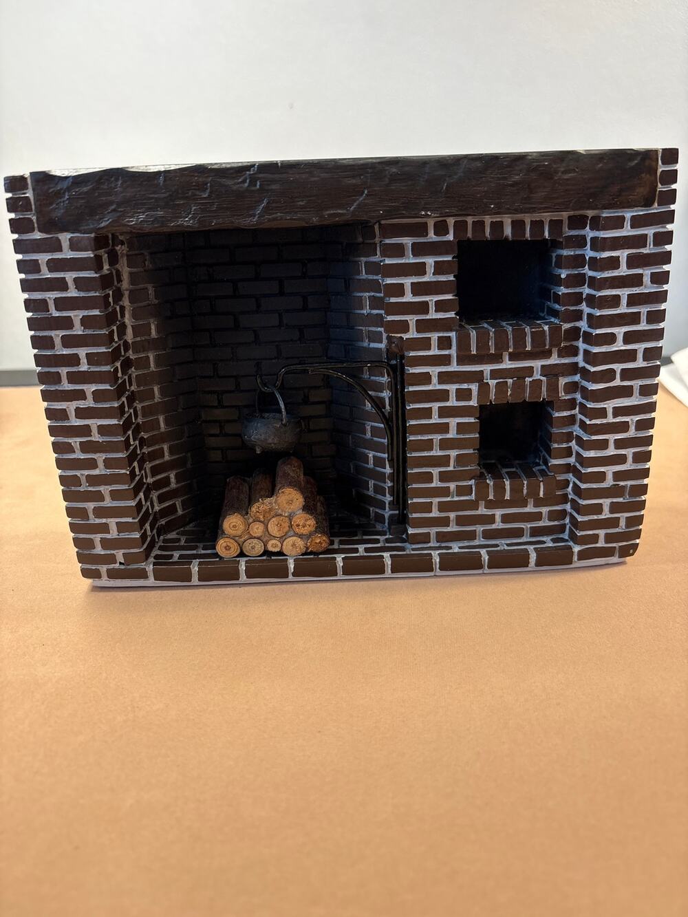 Miniature Dollhouse Resin Brick Hearth Cooking Fireplace Colonial Kettle Wood